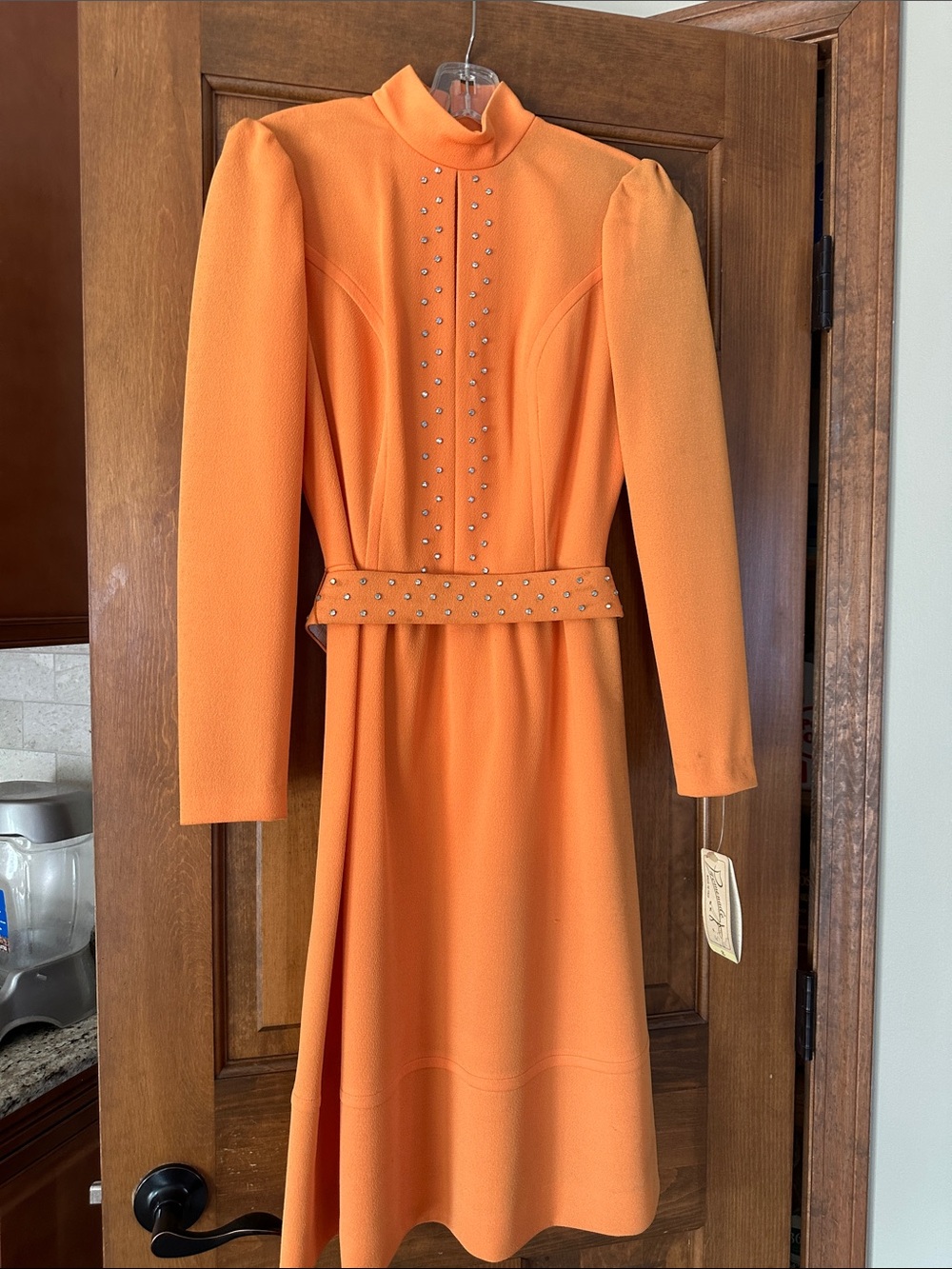 Women’s Promenade Vintage Long-Sleeve Orange Studded Belted Dress